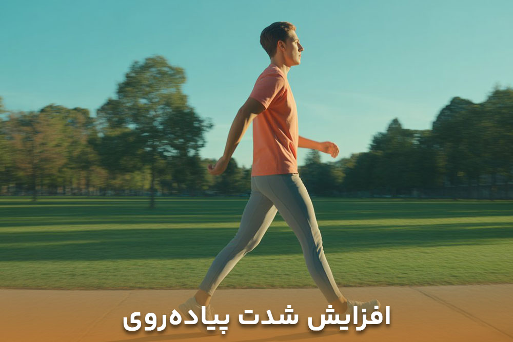 تصویری مردی که در حال افزایش شدت پیاده روی در یک بوستا زیباست