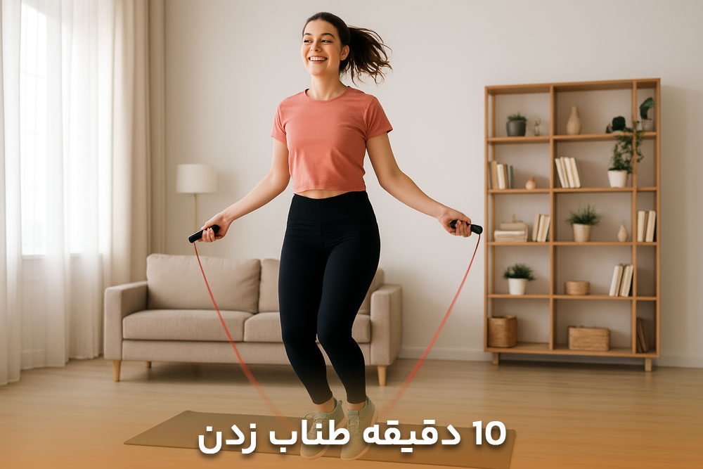 تصویر خانمی که با در حال طناب زدن است و چون از فواید طناب زدن با خبر است بسیار خوش حال است