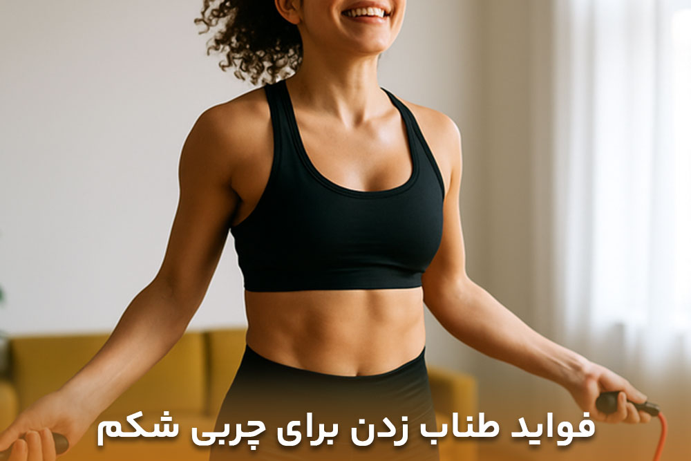 تصویری ورزشکار خانمی که شکم تخت و بدون چربی خود را فواید طناب زدن می داند