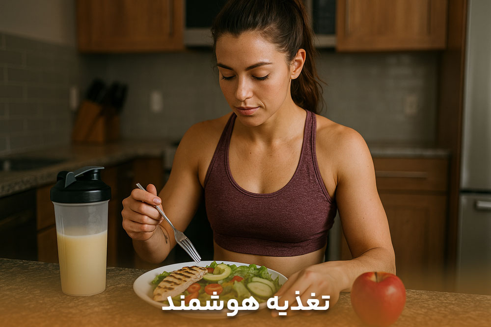 تصویری خانمی که در راستای برنامه ورزش کراس فیت بانوان یک تغذیه هوشمند میل می کند
