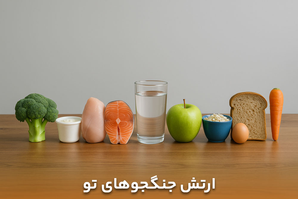 تصویری از میوه و سبزیجات و خوراکی های مناسب لاغری که مثل جنگنجو ها به خط شده اند