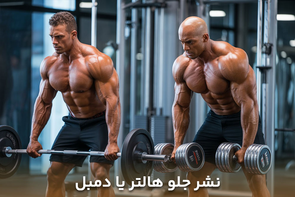 تصویر دو مرد که یکی درحال انجام حرکت نشر جلو هالتر و دیگری نشر جلو دمبل است