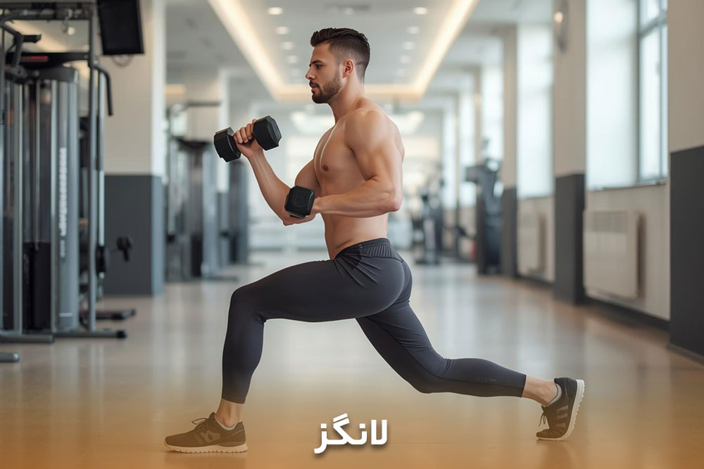 تصویر مردی که در باشگاه بدنسازی درحال انجام حرکت لانگز است