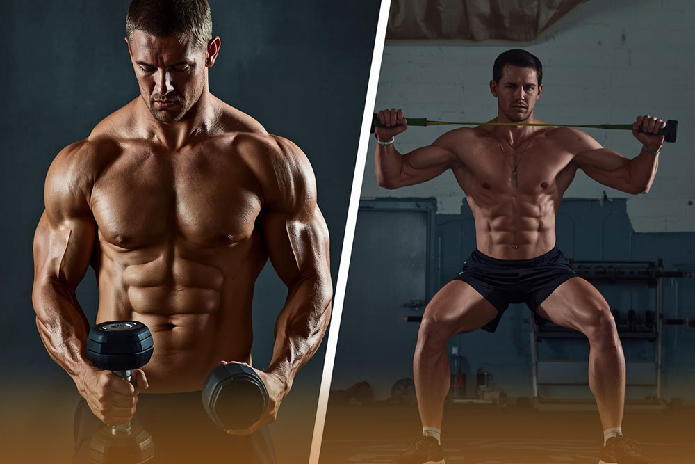 تصویر دو ورزشکار که درحال ورزش با کش و یکی درحال ورزش با دمبل است