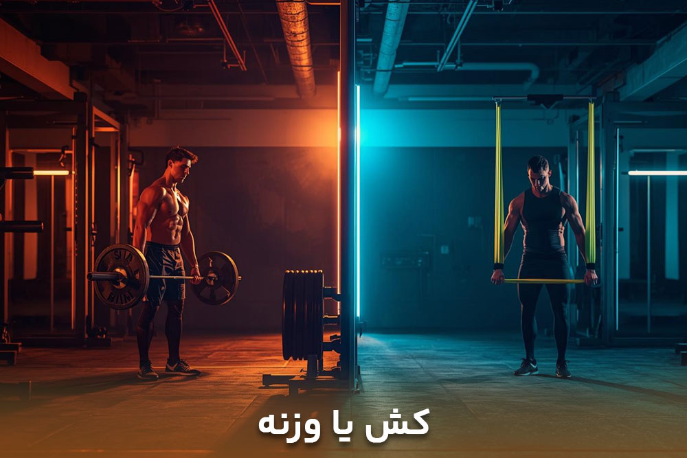 تصویر دو ورزشکار که یکی درحال ورزش با وزنه و دیگری درحال ورزش با کش است