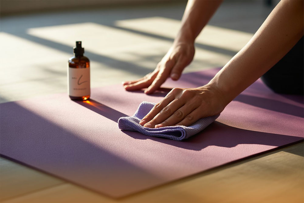 تصویر فردی که درحال تمیز کردن مت یوگا داره