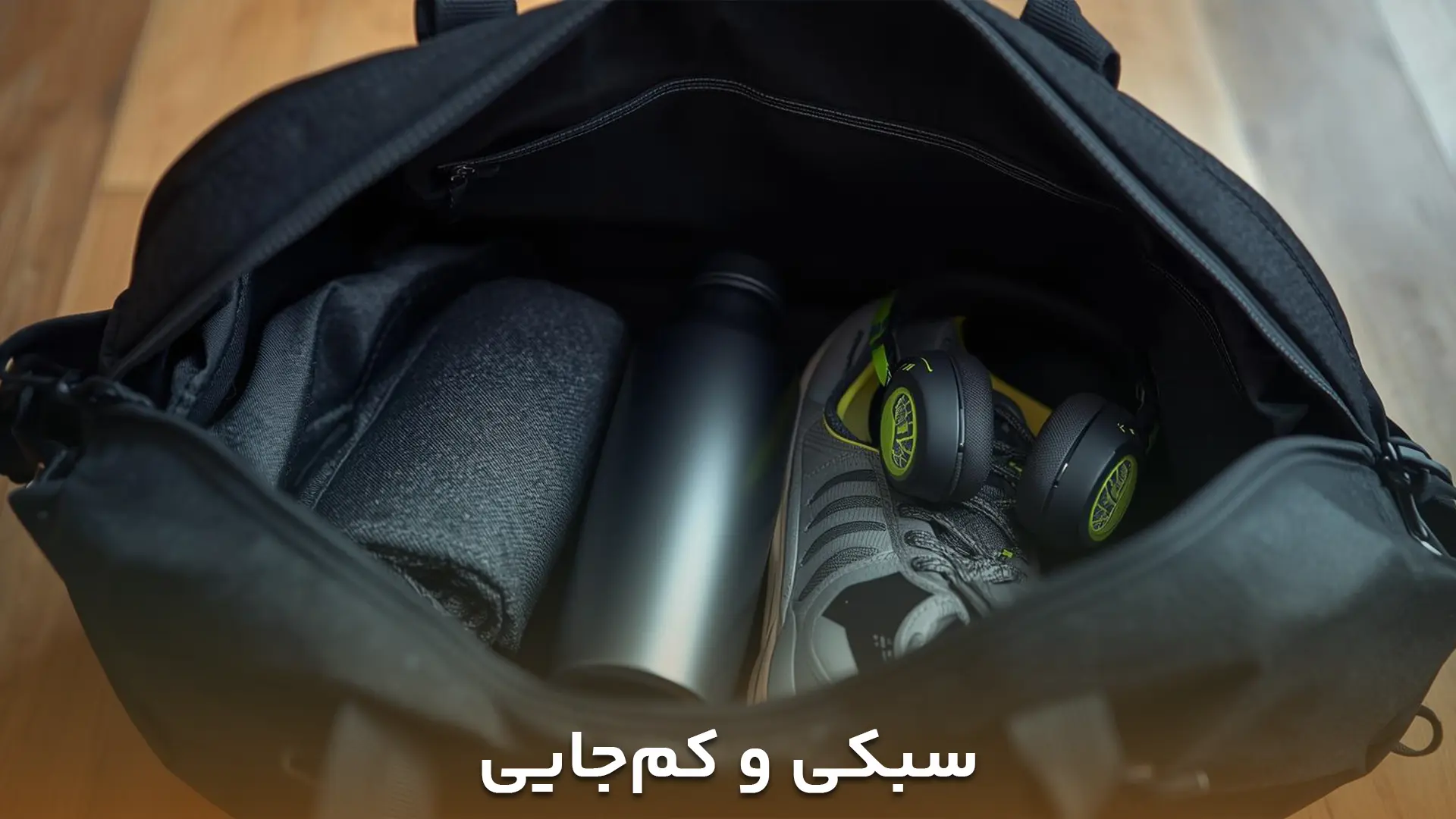 تصویر ساک ورزشی که در آن حوله استخری نانو سبک و کم جا قرار گرفته