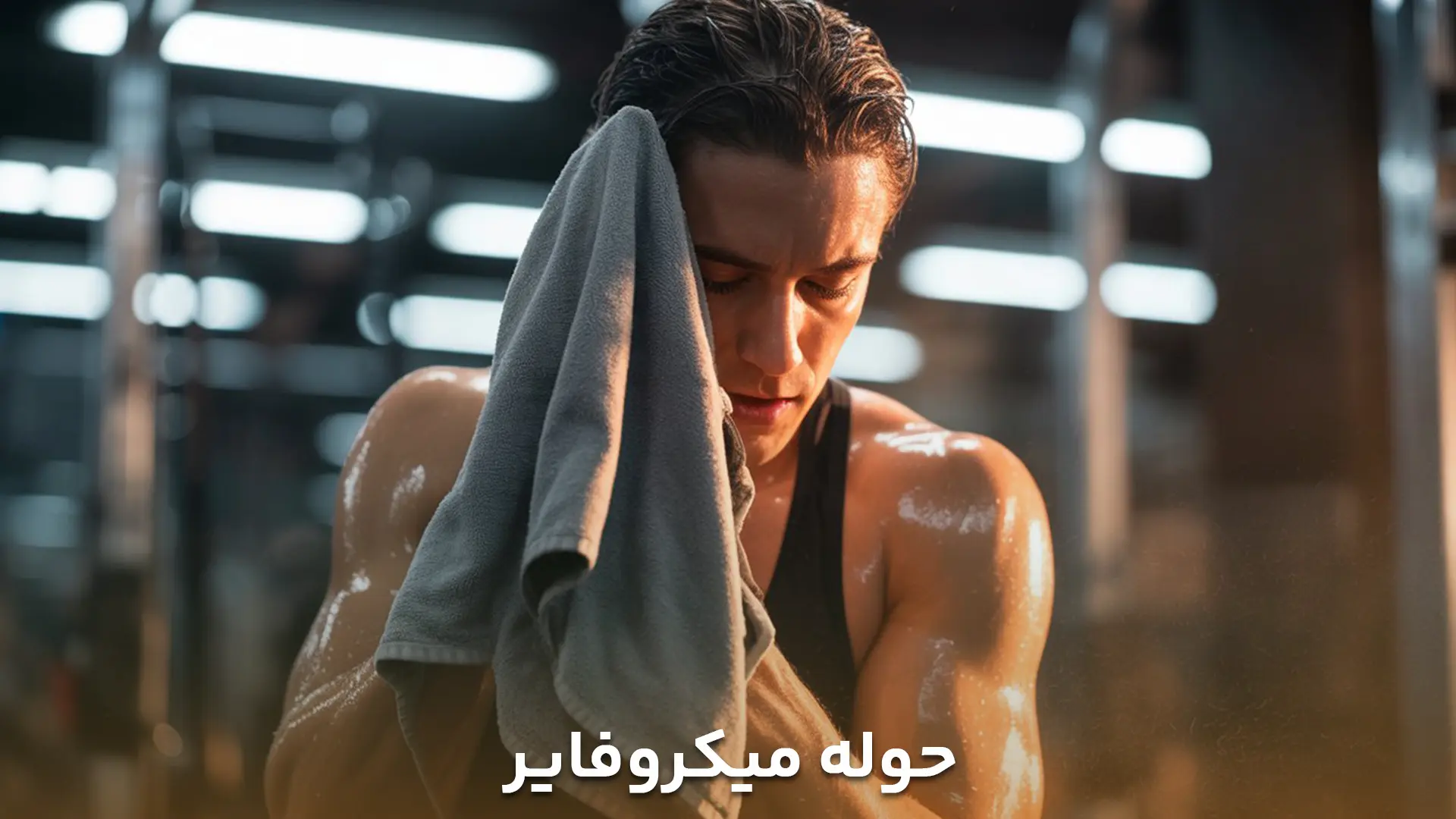 تصویر ورزشکاری که درحال خوش کردن عرق خود با حوله میکروفایر است
