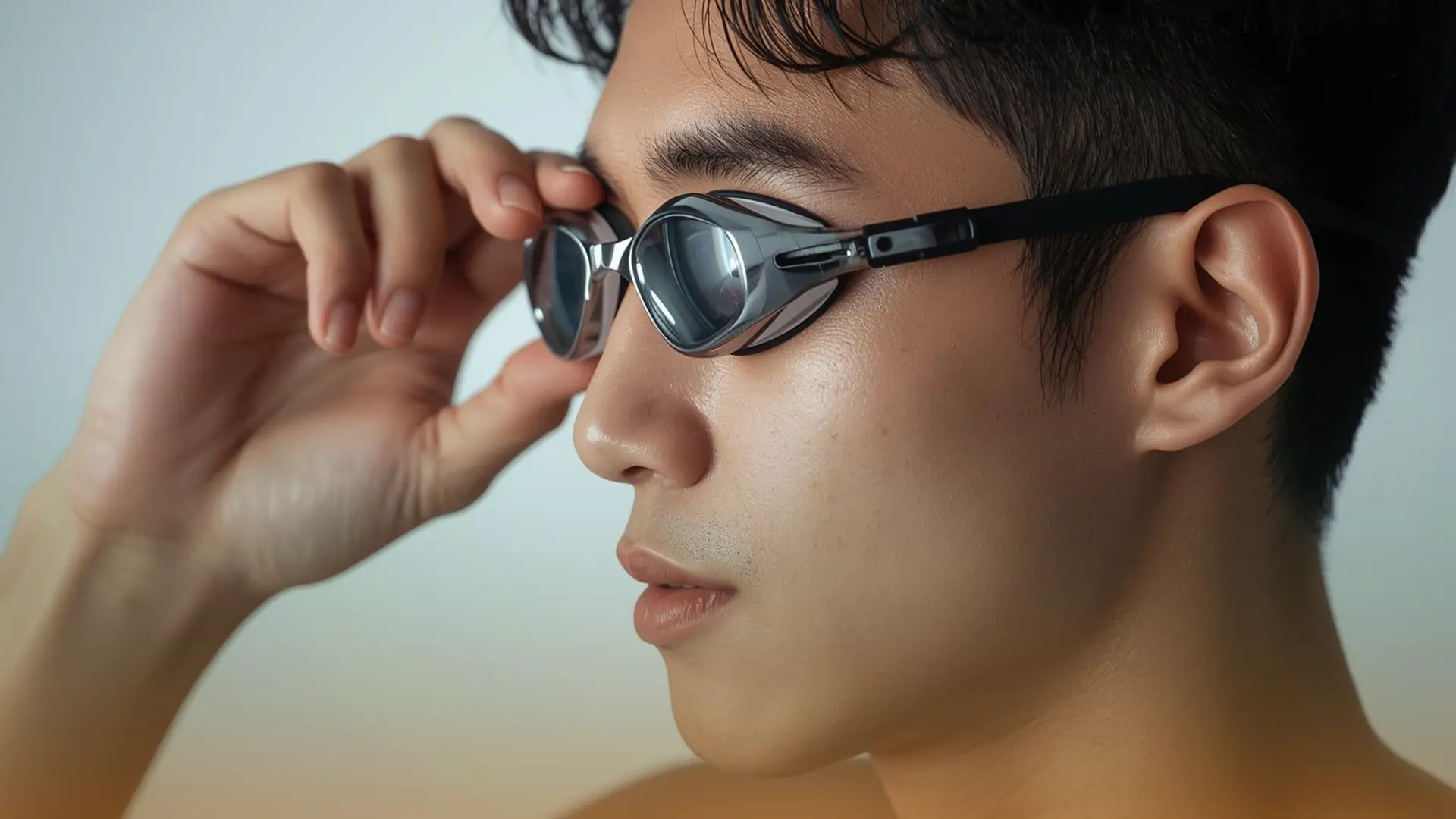 تصویر فردی که عینک شنا دودی به چشم دارد