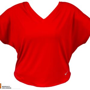 تصویر نمای جلو تیشرت یقه هفت کیمونو زنانه به رنگ قرمز