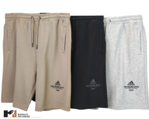 تصویر رنگ بندی شلوارک مردانه پارچه نخ گلکسی آدیداس در رنگ های مشکی، طوسی و نسکافه ای است