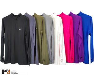 تصویر نمای جلو از رنگ بندی نیم زیپ زنانه از برند نایک در رنگ های سفید، مشکی، آبی، فیلی،طوسی،سبز،سرخابی،بنفش