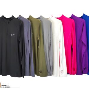 تصویر نمای جلو از رنگ بندی نیم زیپ زنانه از برند نایک در رنگ های سفید، مشکی، آبی، فیلی،طوسی،سبز،سرخابی،بنفش