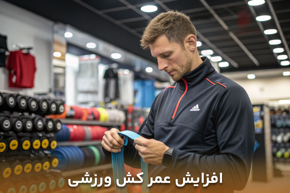 تصویر مردی درحال برسی برای خرید کش ورزشی برا یانکه احیانا کش پاره یا خراب نباشد