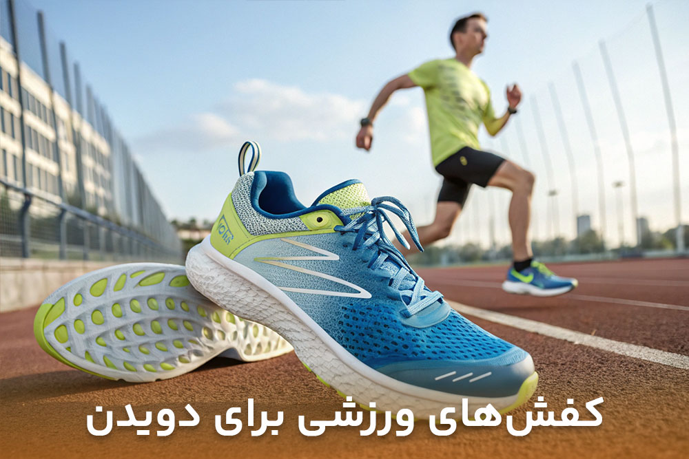 تصویر یک کفش بسیار زیبا در رنگ آبی سفید سبز برای انتخاب بهترین کفش ورزشی مناسب دویدن