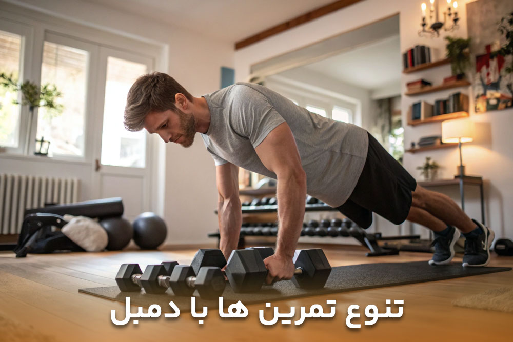 تصویری مردی درحال ورزش در خانه با دمبل و در فکر خرید دمبل قابل تنظیم