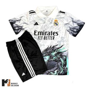 کیت فوتبالی رئال مادرید یقه دار دراگون سفید فیروزه‌ای
